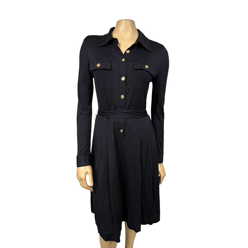 Tory Burch Navy Jersey Long Sleeve Shirt Dress Gold Logo Button Belted Preppy M - Picture 5 of 10